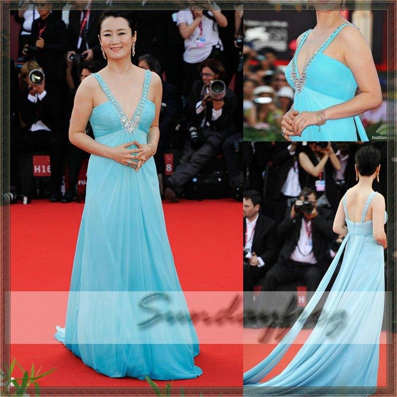 Free Shipping Custom Made 2011 68th Venice Film Festival Zhao Tao Red Carpet Chiffon V-Neck Beaded Celebrity Dress