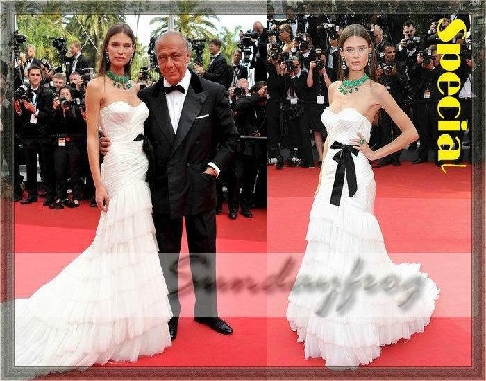 Free Shipping Custom Made 2011 Cannes Red Carpet Biaca Balti A-Line Strapless Organza Ruched with Black Belt Celebrity Dress
