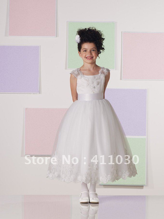 Free Shipping Custom Made 2012 Flower Girl Dresses White Princess Dress Tulle and Satin Scoop Tea-length Wholesale/Retail