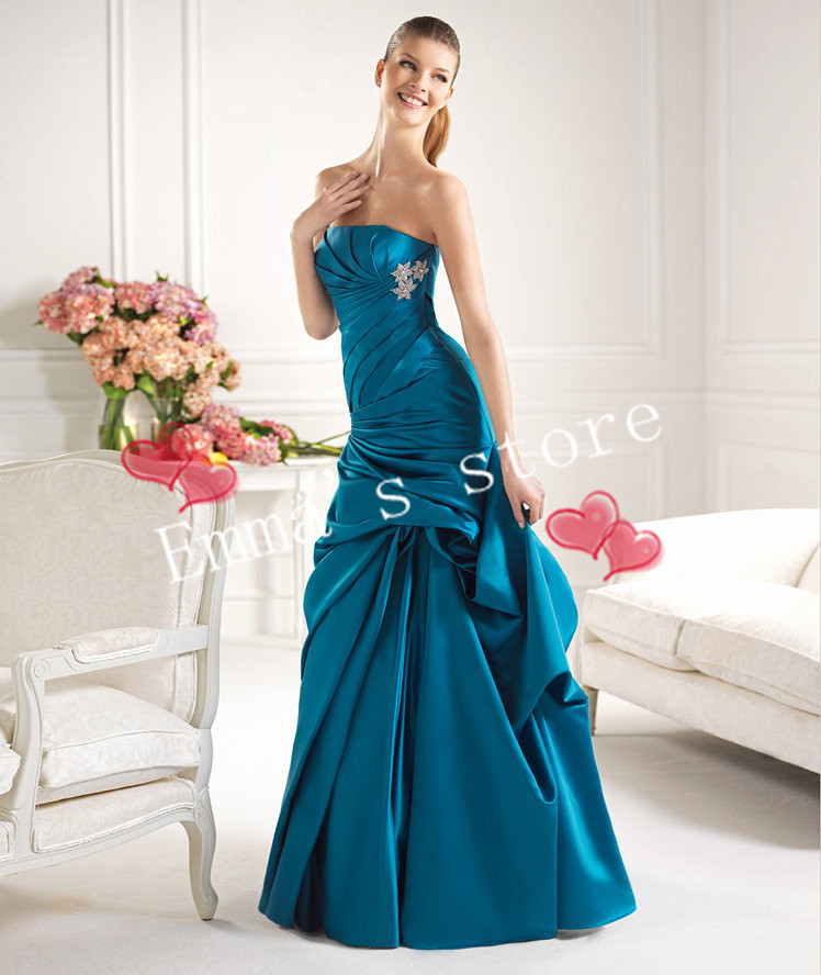 Free Shipping Custom Made 2013 Popular A-Line Strapless Floor Length Taffeta Beaded Blue Evening Prom Gowns Dresses