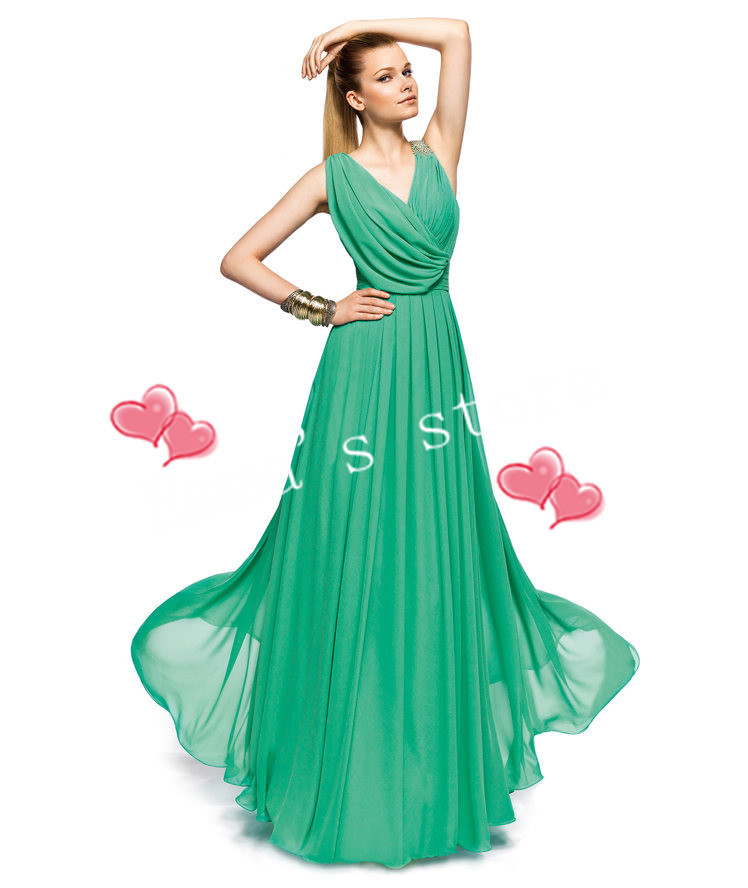 Free Shipping Custom Made 2013 Popular A-Line V-Neck Floor Length Chiffon Beaded Green Evening Prom Gowns Dresses