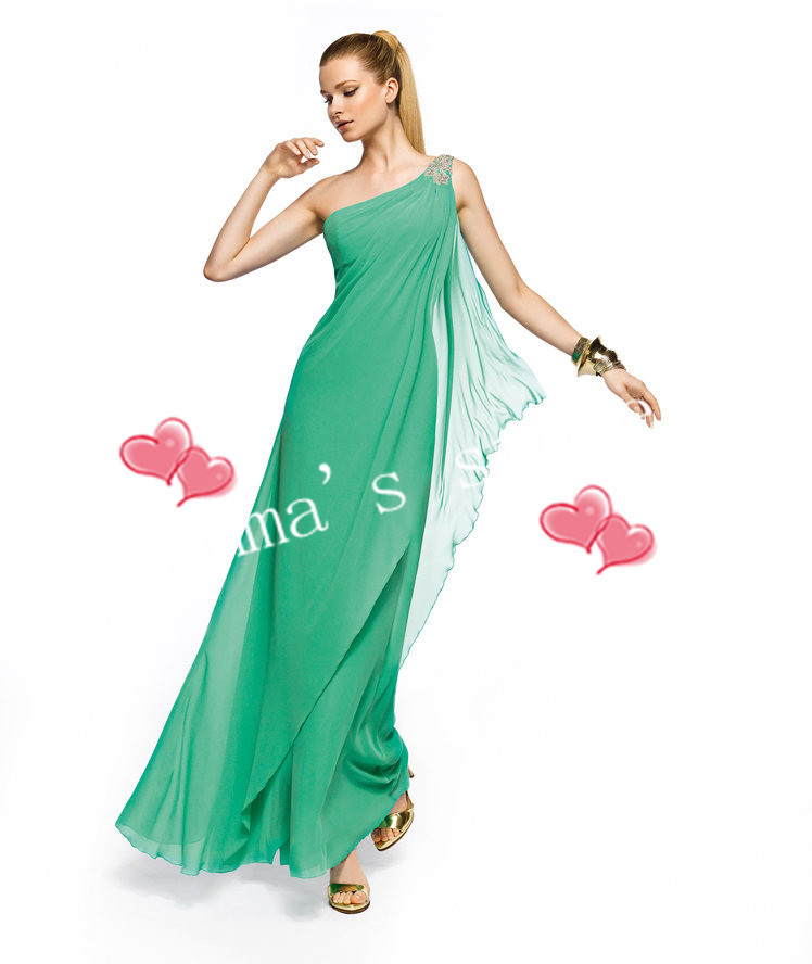 Free Shipping Custom Made 2013 Popular One-Shoulder A-Line Floor Length Chiffon Beaded Green Evening Prom Gowns Dresse-001