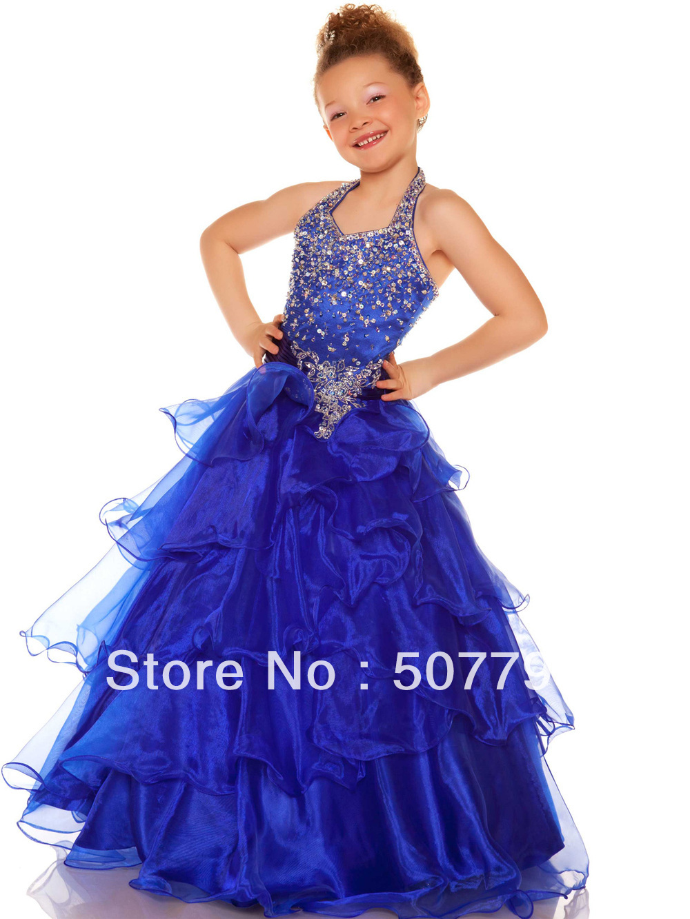 Free Shipping Custom Made 2013 Sequin Beaded Halter Appliques Lace Organza Flower Girl Dress,Floor Length,7-14T