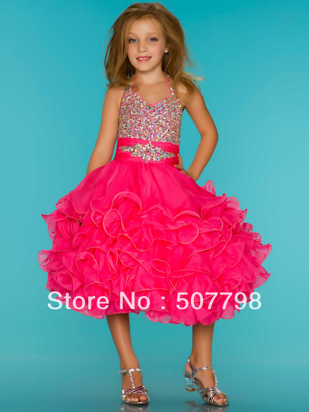 Free Shipping Custom Made 2013 Sequin Beaded Halter Organza Flower Girl Dress For Girls,3-14T