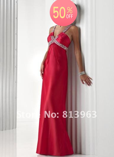 Free Shipping Custom Made 2013 Sexy Exquisite Halter A-Line Floor Length Beaded Red Ruched Long Prom Party Evening Dresses