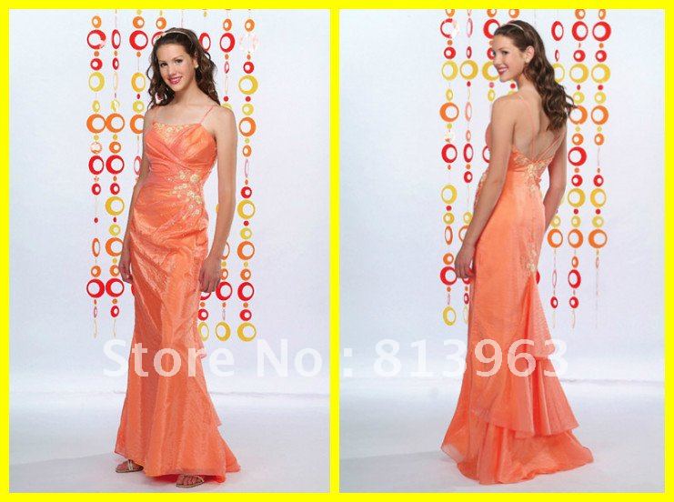 Free Shipping Custom Made 2013 Sexy Spaghetti Strap A-line Floor Length Appliques Taffeta Orange Long Prom Party Dresses