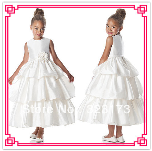 Free Shipping!Custom Made A-line Flower Girl Dress Jewel Ribboin Satin Tea Length First Communion Wedding Party Dress