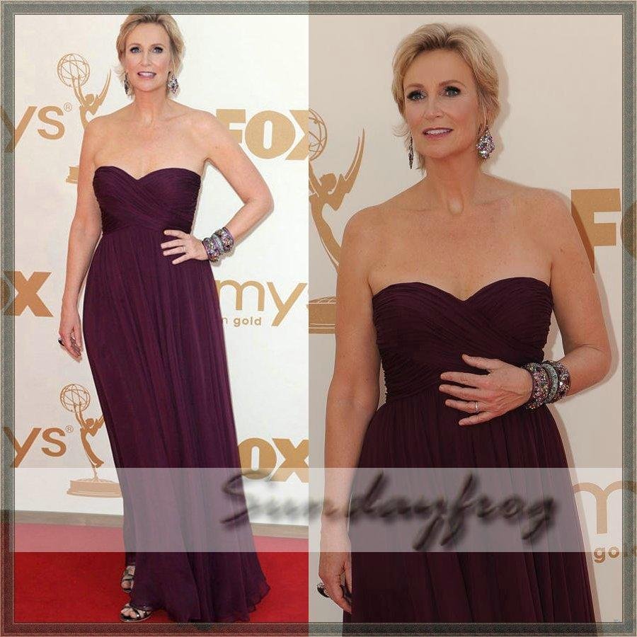 Free Shipping Custom Made A-Line Jane Lynch 2011 Emmy Awards Sweetheart Chiffon Ruffle Celebrity Dress