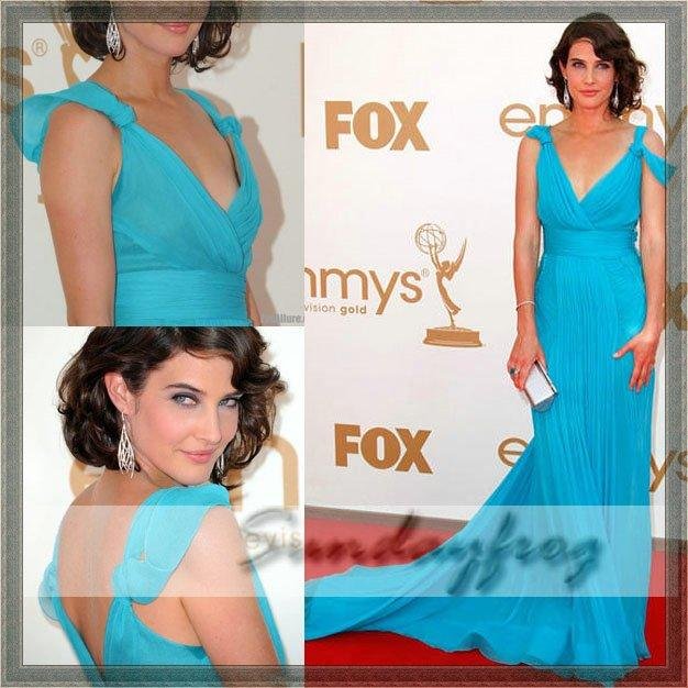Free Shipping Custom Made A-Line V-Neck Cobie Smulders 2011 Emmy Awards Chiffon Ruffle Ruched Celebrity Dress