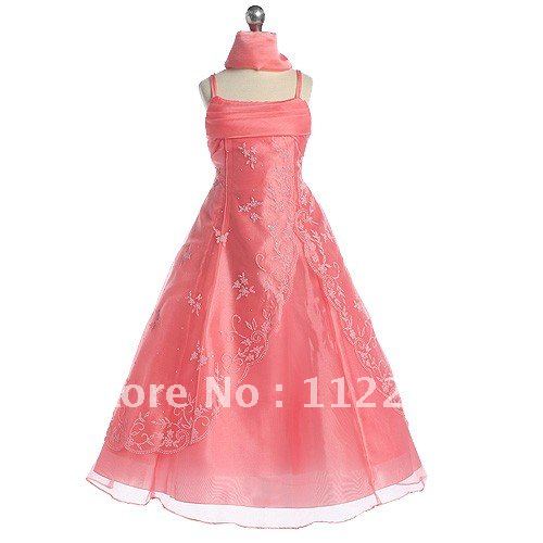 Free Shipping Custom-Made Ankle-Length Lace Satin Pink Communion Dresses with Scarf 2012/Flower Girl Dress
