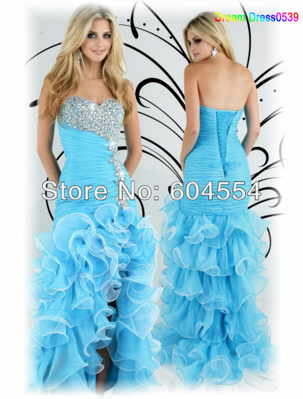 Free Shipping Custom made Baby Blue Satin Organza Beading Crystal Ruffles Strapless Evening Dress Prom Ball Party Gown