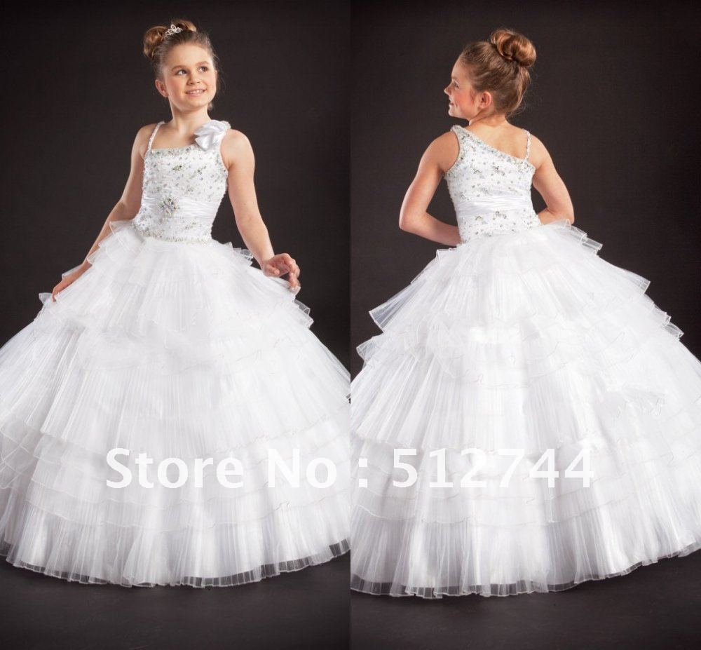 Free Shipping Custom Made Ball Gown Straps Beaded Bodice Tiered Skirt Tulle Flower Girl Dress Girl Pageant Dress
