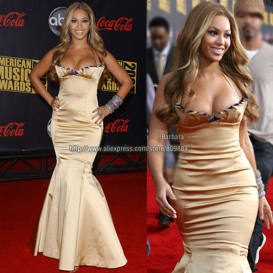 Free Shipping Custom Made Beyonce Halter Mermaid Trumpet Ruffles Floor Length Satin Red Carpet Celebrity Dresses Evening Gowns T