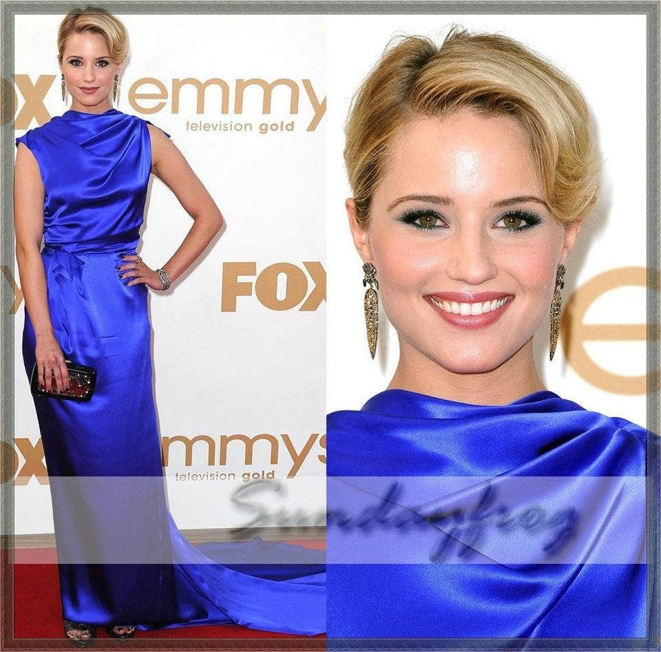 Free Shipping Custom Made Dianna Agron 2011 Emmy Awards Red Carpet Silk Satin Off-Shoulder Celebrity Dress