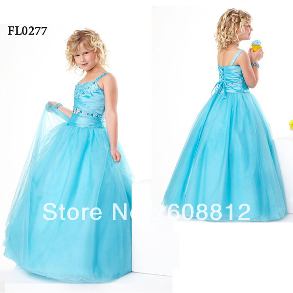 Free Shipping Custom Made FL0277 Lovely Sleeveless Beaded Floor Length Tulle Flower Girl Prom Dress For Girls
