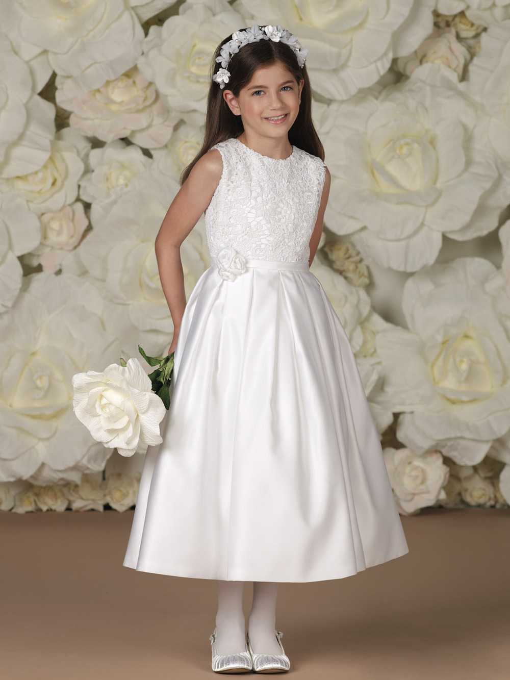 Free Shipping!Custom Made Flower Girl Dress Simple A-line Round Neck  Appliques Lace Satin First Communion Wedding Party Dress