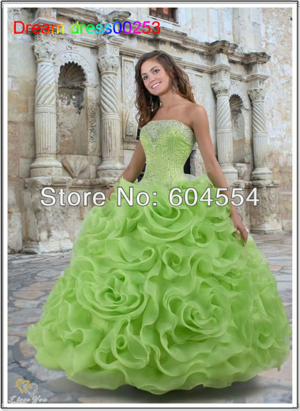 Free Shipping Custom made Green Satin Organza Crystal Beading A-Line Evening Dress Ball Gown