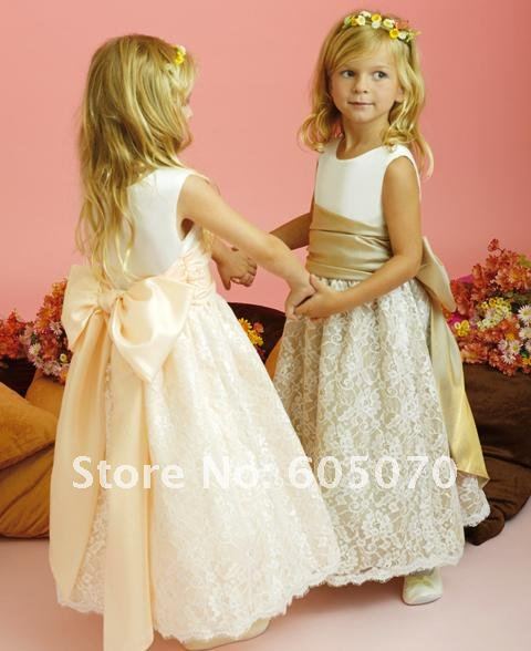 Free Shipping Custom Made jewel ball gown mid-calf white lace bow junoesque girl dresses brilliant kids wedding dresses