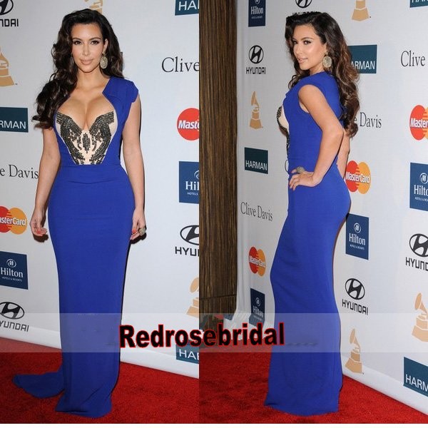 Free Shipping!!Custom Made Kim Kardashian Cleavage Pre Grammy Sheath Sexy Crystal Chiffon Blue Celebrity Dresses Evening Dress