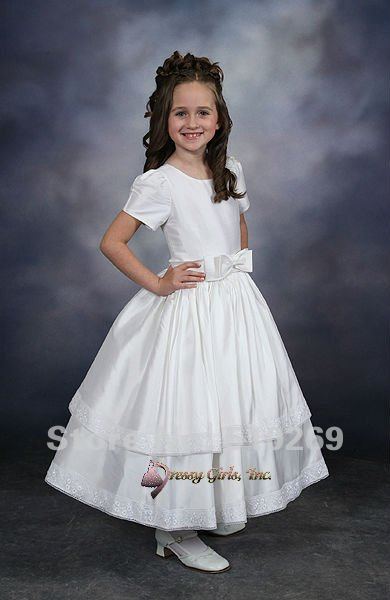 Free Shipping Custom-made Lace Short Sleeve Satin with a Bow Front  Flower Girl Dresses
