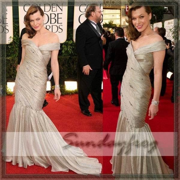 Free Shipping Custom Made Milla Jovovich 68th Golden Globe Off Shoulder Taffeta Mermaid Beaded Ruffle Celebrity Dress