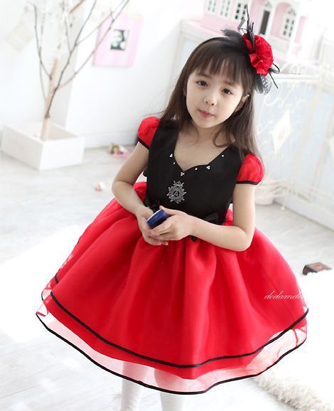 Free Shipping!Custom Made New A-line Flower Girl Dress V-neck Ruffles Black Red Tea Length First Communion Birthday Party Dress