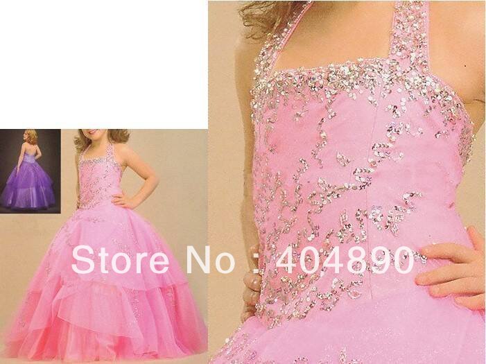 Free shipping custom-made pink color organza material beautiful beaded workmanship ball gown multi layers flower girl's dress