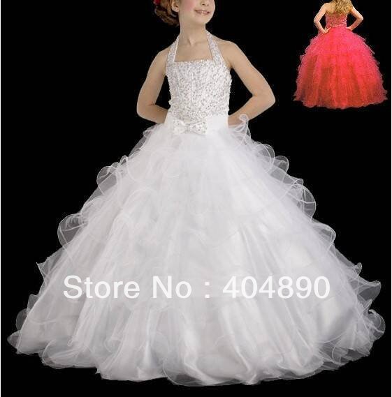 Free shipping custom-made pure white color organza material multi layers ruched skirt high workmanship cute flower girl's dress