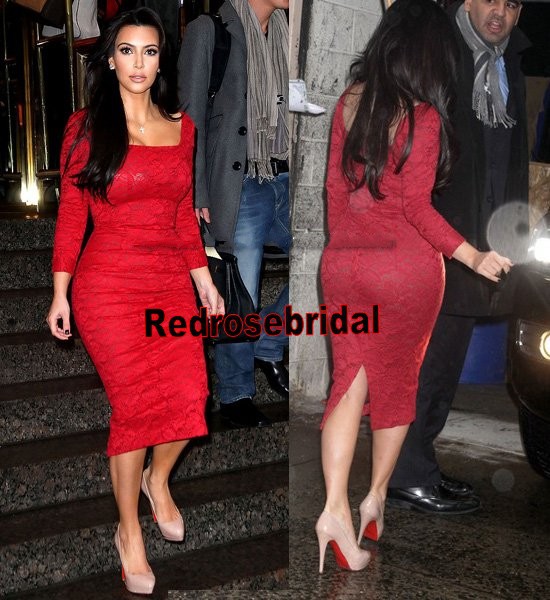 Free Shipping!!Custom Made Sheath Square Kim Kardashian Long Sleeves Red Lace Tea Length Celebrity Dresses Cocktail Party Gown