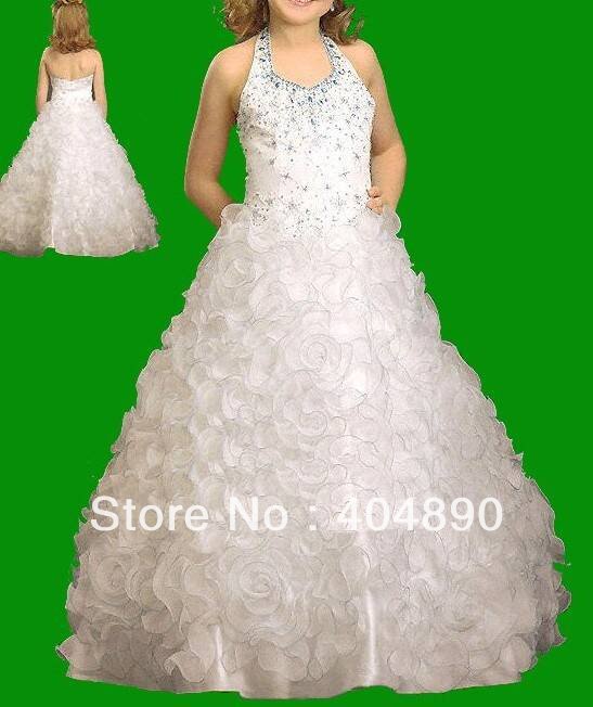 Free shipping custom-made white color organza material beaded halter ruched skirt sheath flower girl's dress