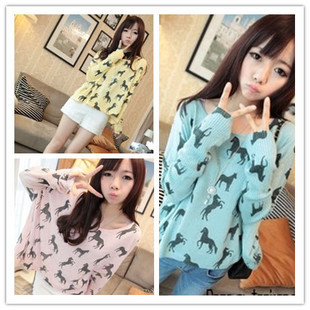Free Shipping Cute Casual Pullover Horse Prints Long Dolman Sleeves Women's T-shirt Lady Short Loose Top Knited Sweater WZ8003