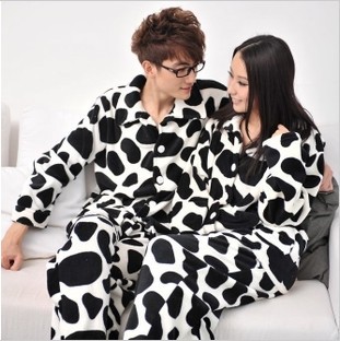 Free shipping + Cute men and women couple cartoon autumn and winter thickening the cows coral velvet pajamas suit Lounge Wear