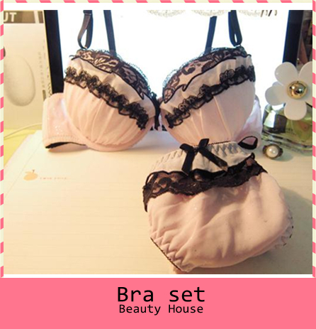 Free shipping Cute pink sexy bra set wish a black lace bra underwear push up bra set F0406