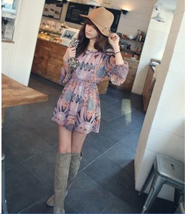 Free shipping cute print ethnic style Slim long-sleeved chiffon women dress/Wholesale & Retail