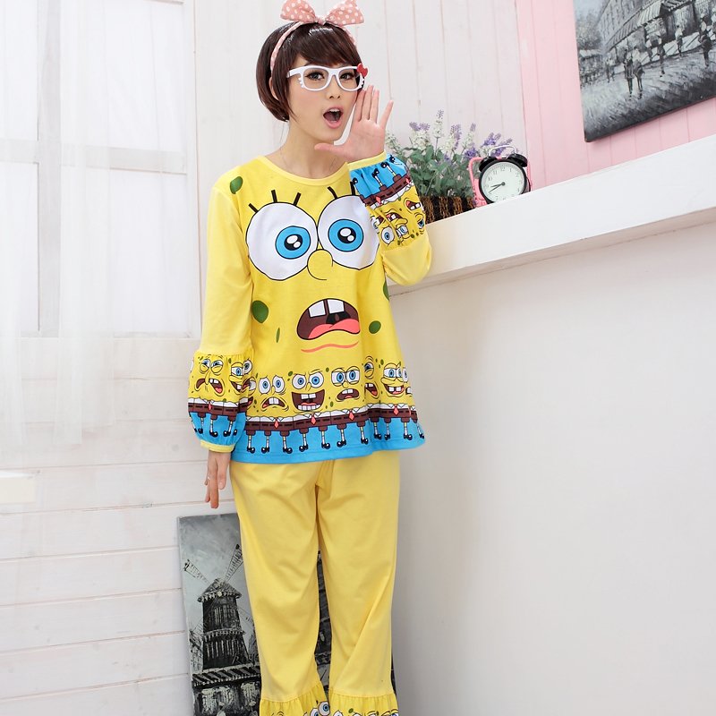 Free shipping cute SpongeBob knitted cotton long-sleeved pajamas home service package