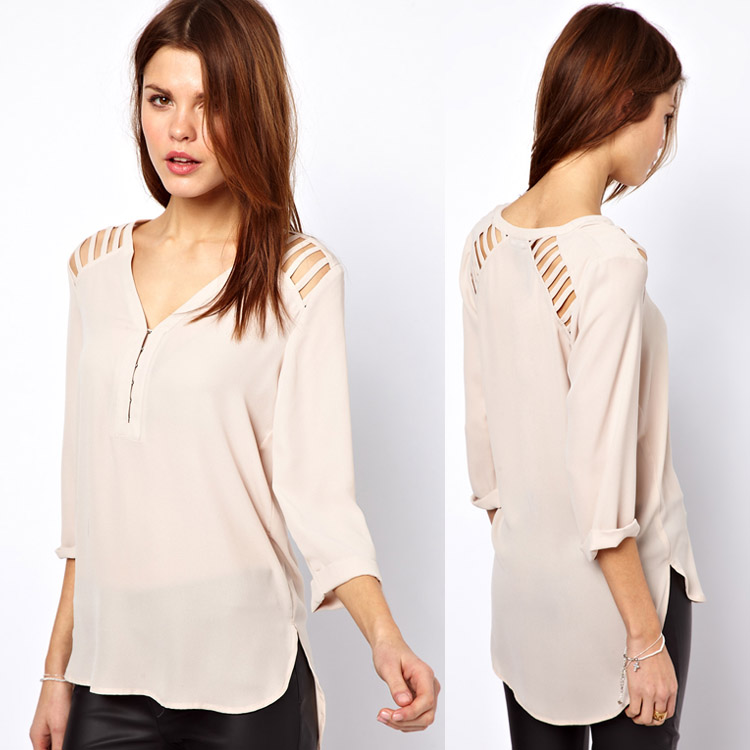 Free Shipping Cutout V-neck posterization beige wrist-length sleeve chiffon shirt female shirt