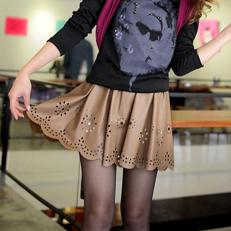 Free shipping cutout wave laciness leather female half-length leather skirt plus size m 6l S-6L
