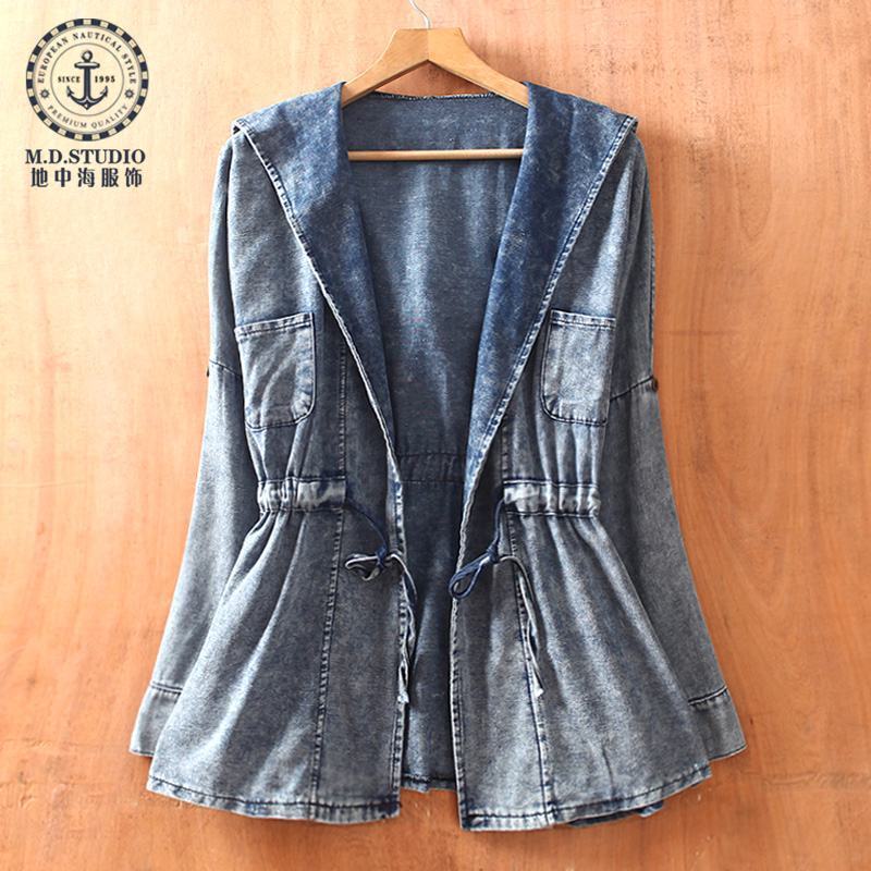 Free Shipping D630 2013 women's with a hood casual hooded pocket denim medium-long trench outerwear