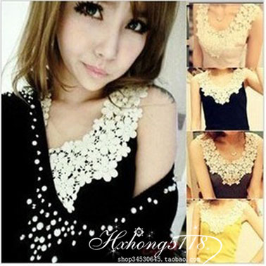 Free shipping Daisy flower petal lace crochet thread cutout patchwork cotton spaghetti strap basic shirt vest c2003