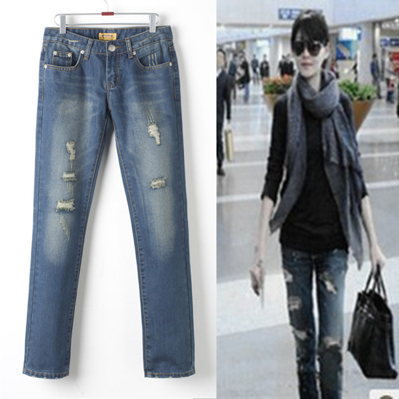 Free shipping, Dark Blue retro finishing hole low-waist straight jeans female trousers small straight pants