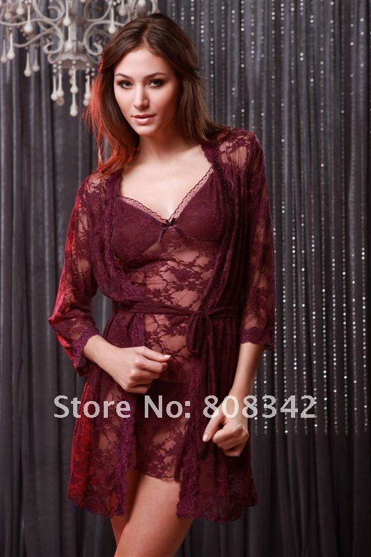 Free Shipping Dark Red  Color Sexy Robe Sets Lingerie Lace Women Intimate Nighgown Brand Sexy SleepWear H391