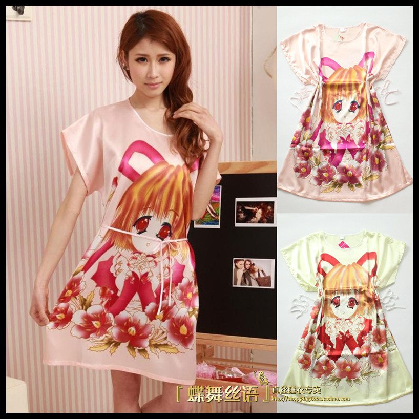 free shipping deal 16 cartoon water jade klieg faux silk short-sleeve nightgown robe summer silk bathrobes