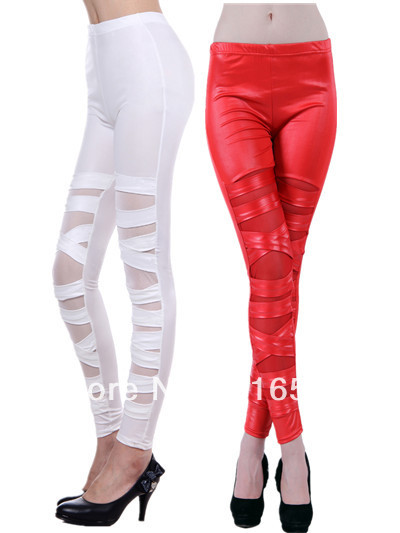 Free Shipping Dear Lover Stylish Crossed Belt Faux Leather Gauze Splicing Leggings Pants Red/White