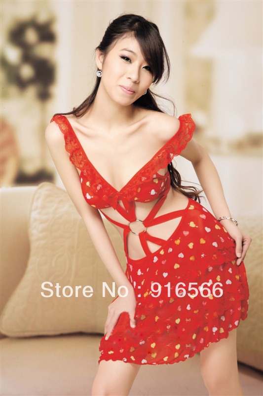 Free shipping Deep Heart-Shape Neck Sexy Bodydoll One-Piece Nightdress Dress Lingerie Red Underwear 901179-FLS-0088