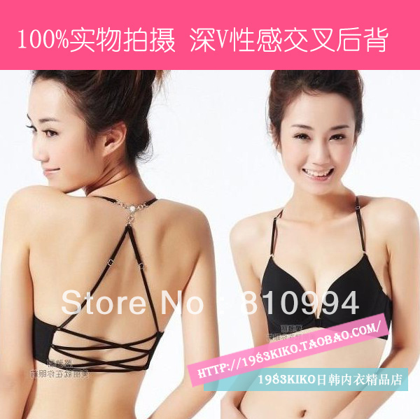 free shipping Deep V-neck sexy cross back fashion bra set sexy and fashion underwear blue/gray/pink wholesale&retail