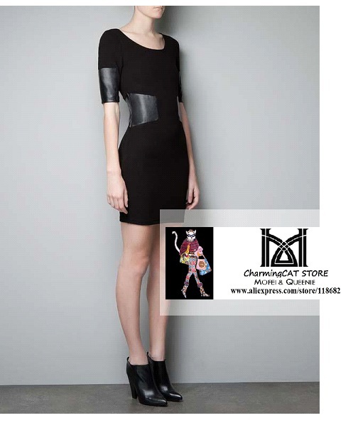 Free shipping Deep V-neck zipper back PU patchwork half sleeve faux leather waist one-piece dress full