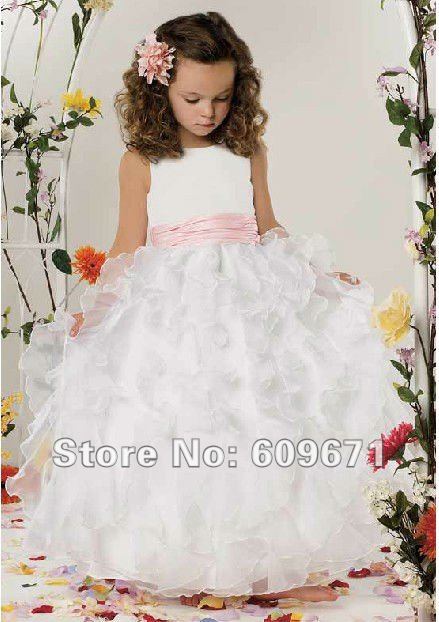 Free Shipping Delicate Straps Multi-Layered Tiered With Sash Puffed Flower Girl Dress