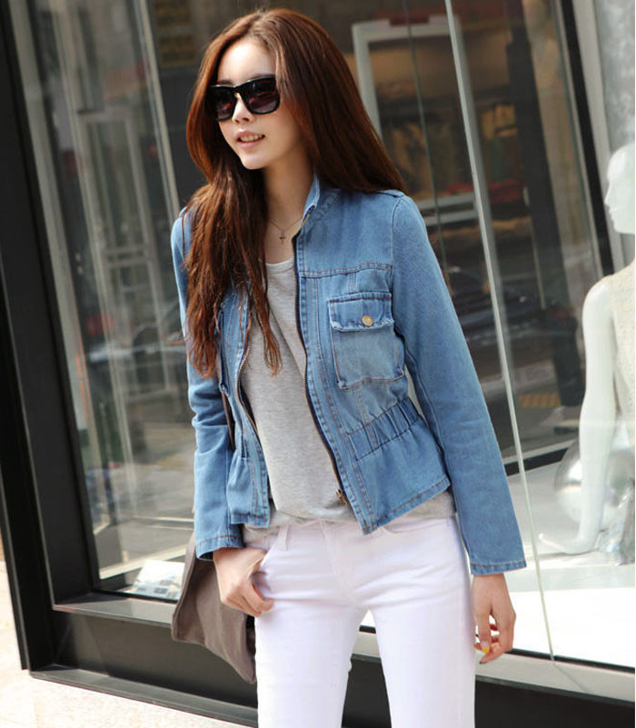 Free Shipping Denim Outerwear Female Long Sleeves Fashion Short Design Korean Style Women Jackets Slim Waist Zipper Denim Tops