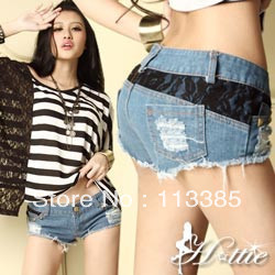 Free shipping/Denim shorts female trend women's low-waist hole belt lace summer shorts super shorts thin