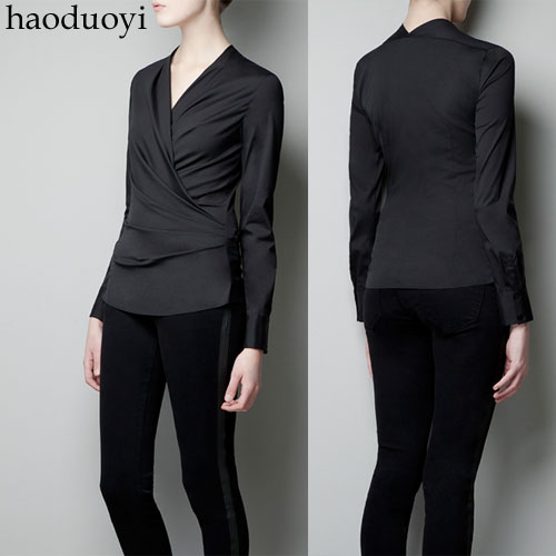 Free Shipping, Design slim black nylon high-elastic pleated V-neck long-sleeve female shirt 6 full